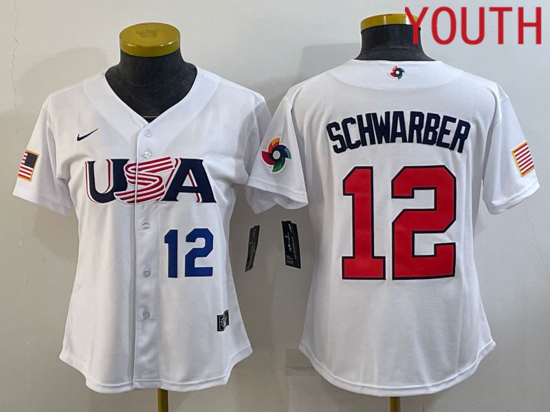 Youth 2023 World Cub USA #12 Schwarber White MLB Jersey4